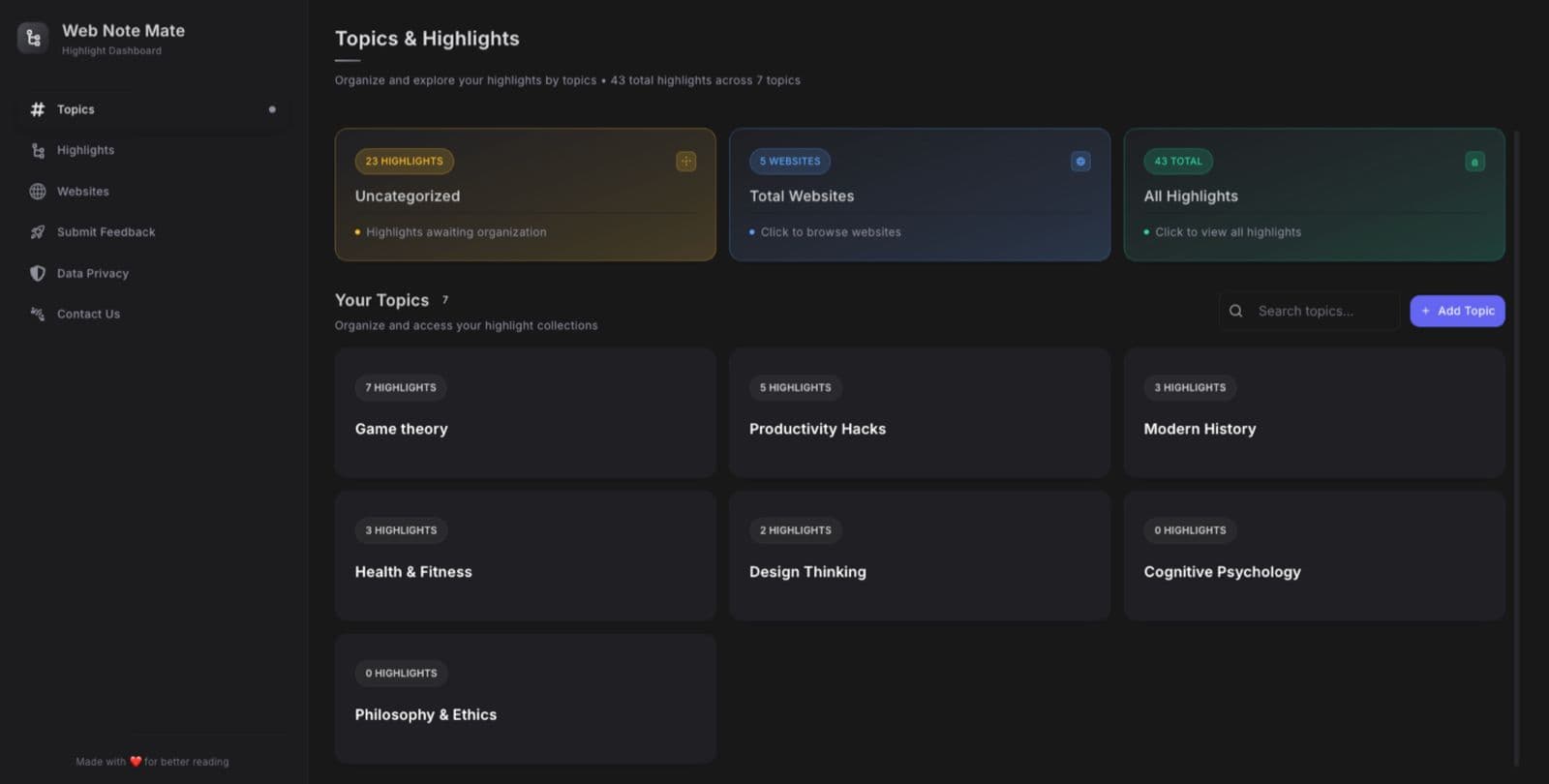 Note taking extension dashboard - Export highlights to PDF, HTML, or Markdown